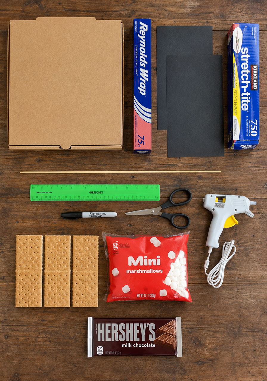 Supplies needed for a DIY pizza box solar oven STEM project
