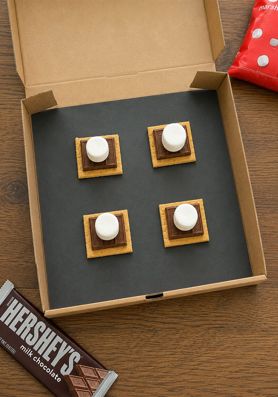 S'mores arranged inside a DIY pizza box solar oven before cooking