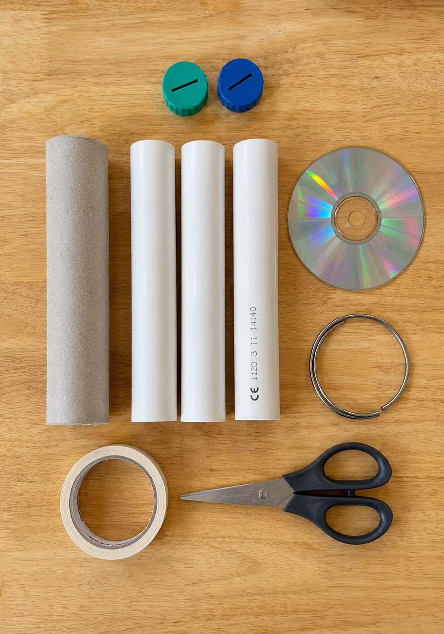 Materials needed to build a DIY cardboard spectrometer including CD, tube, and wire