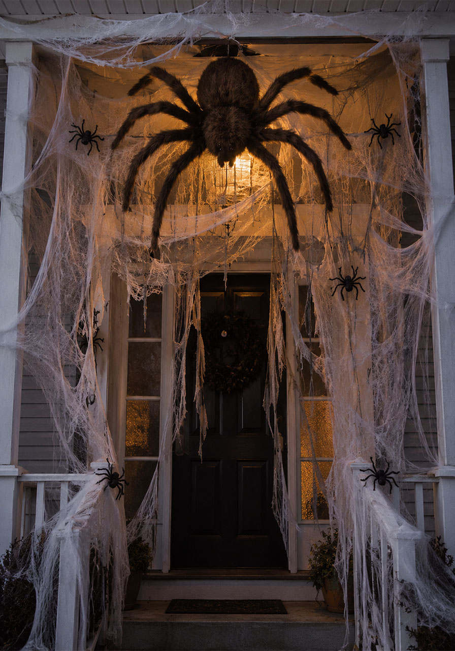 Giant spider and web-covered Halloween front door entryway decoration