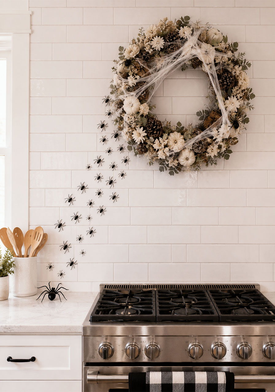 Black spider decals crawling down a white kitchen backsplash with a spiderweb-wrapped wreath
