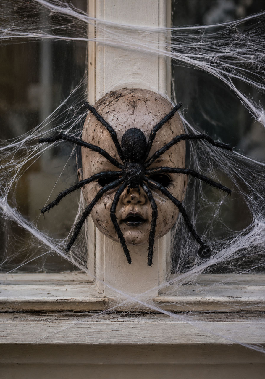Fake spider positioned over a doll's face for Halloween window decoration