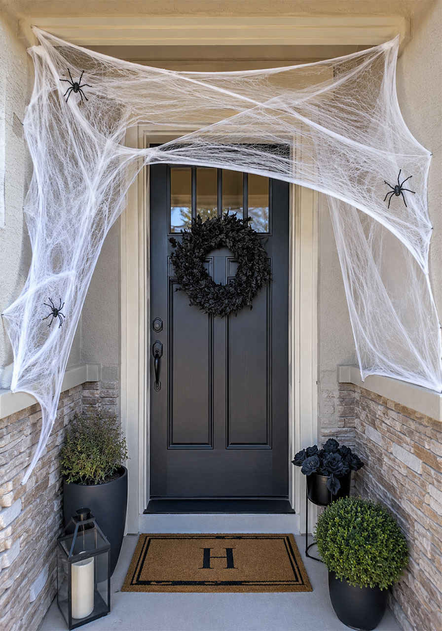 DIY spider web doorway curtain Halloween entryway decoration