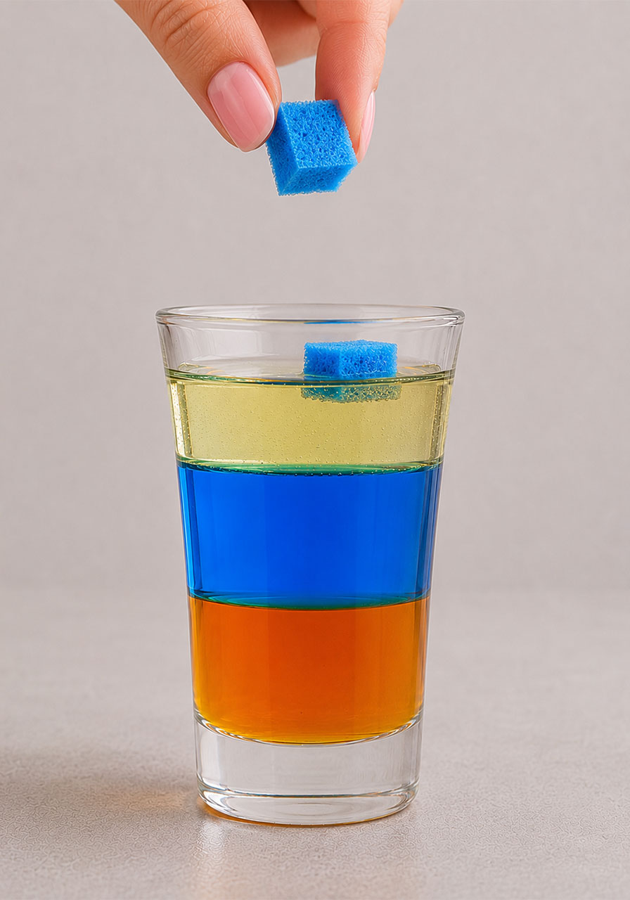 Sponge cube floating on the oil layer showing lowest density object