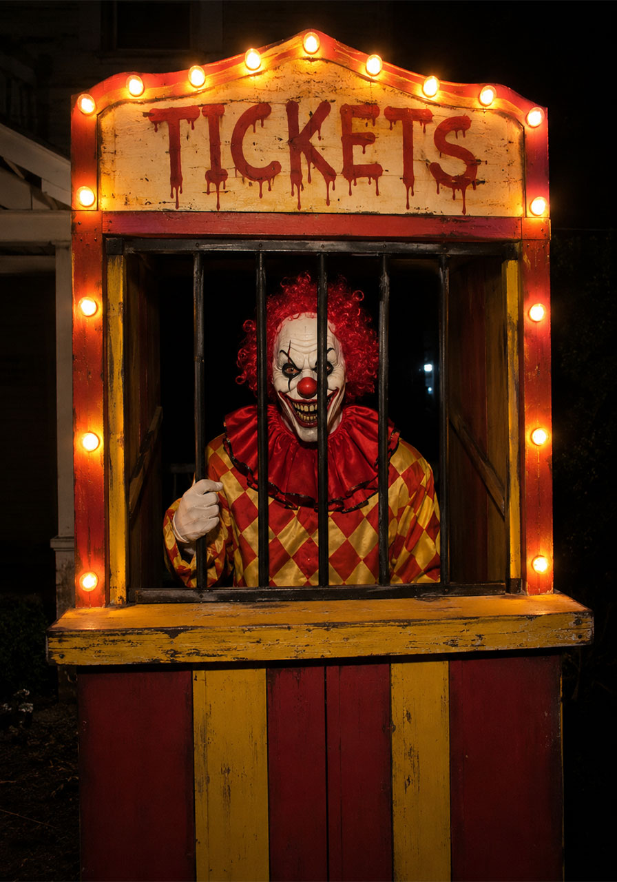 Spooky carnival clown ticket booth Halloween party entrance decoration idea