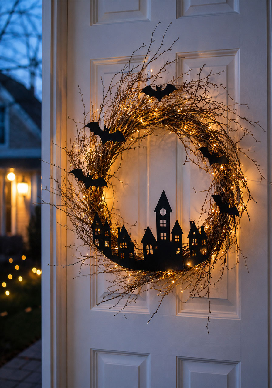 DIY spooky village Halloween wreath with lights on front door