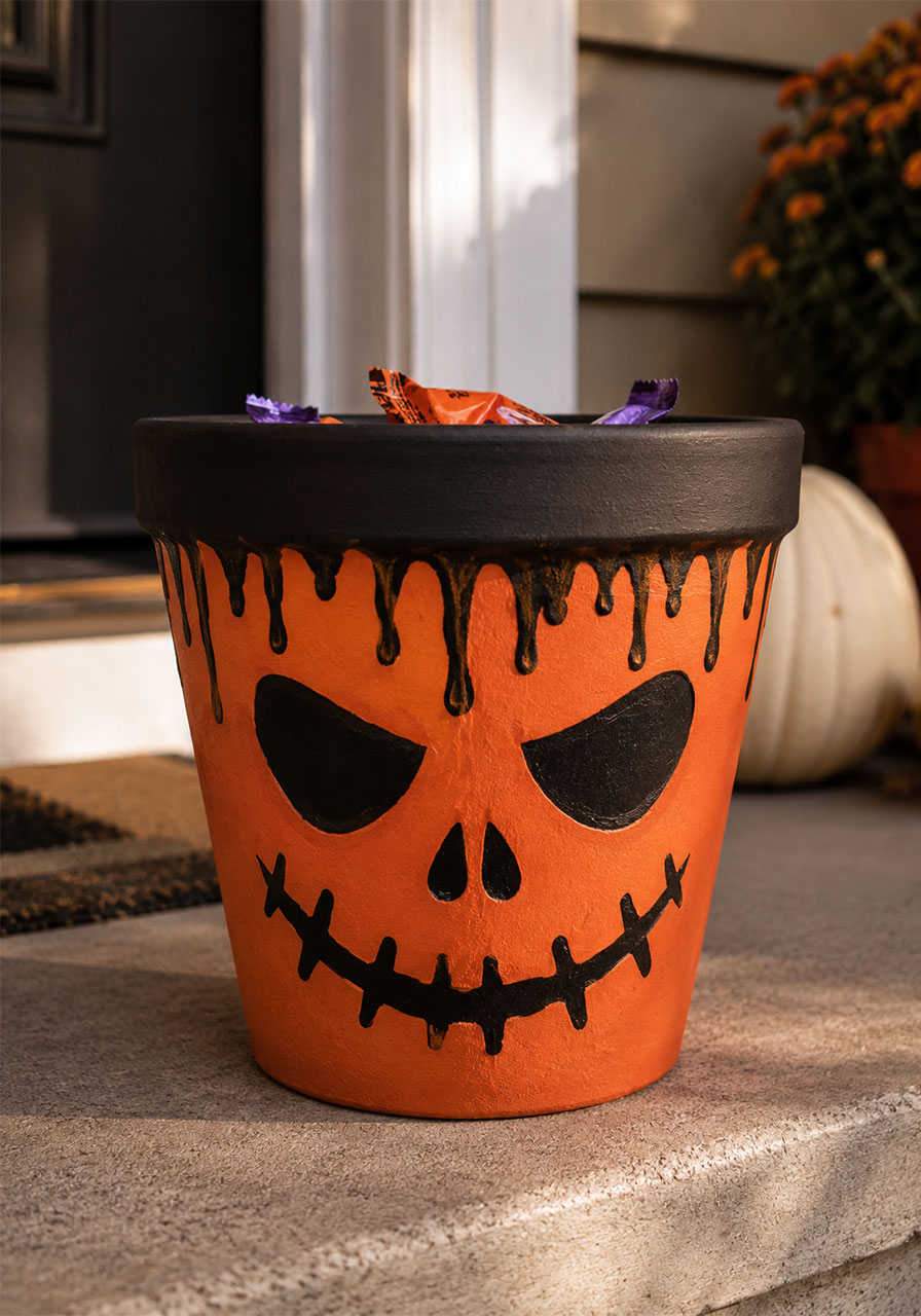 DIY spooky face painted planter Halloween candy bowl craft
