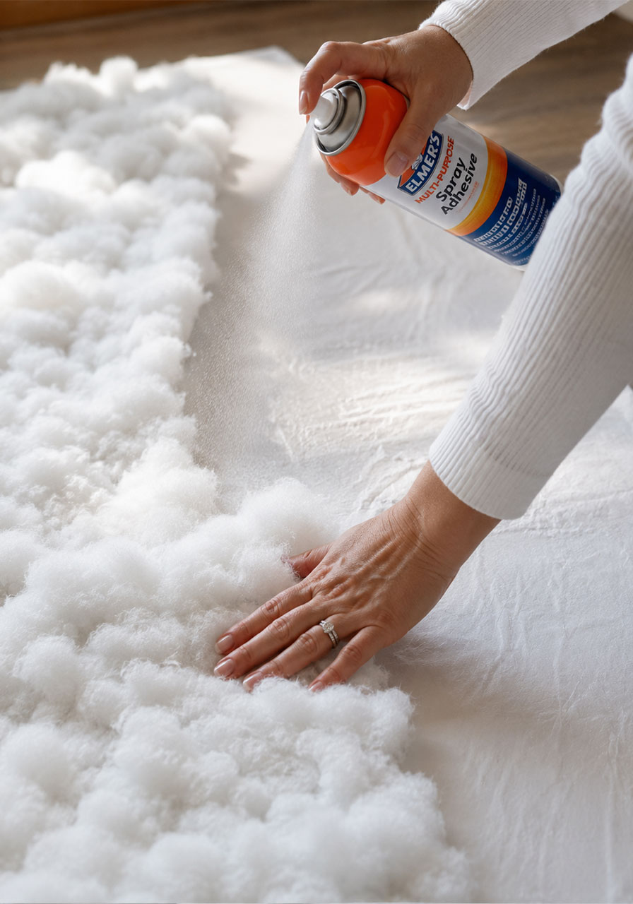 Spraying adhesive and attaching polyfill stuffing to create Halloween cloud ceiling