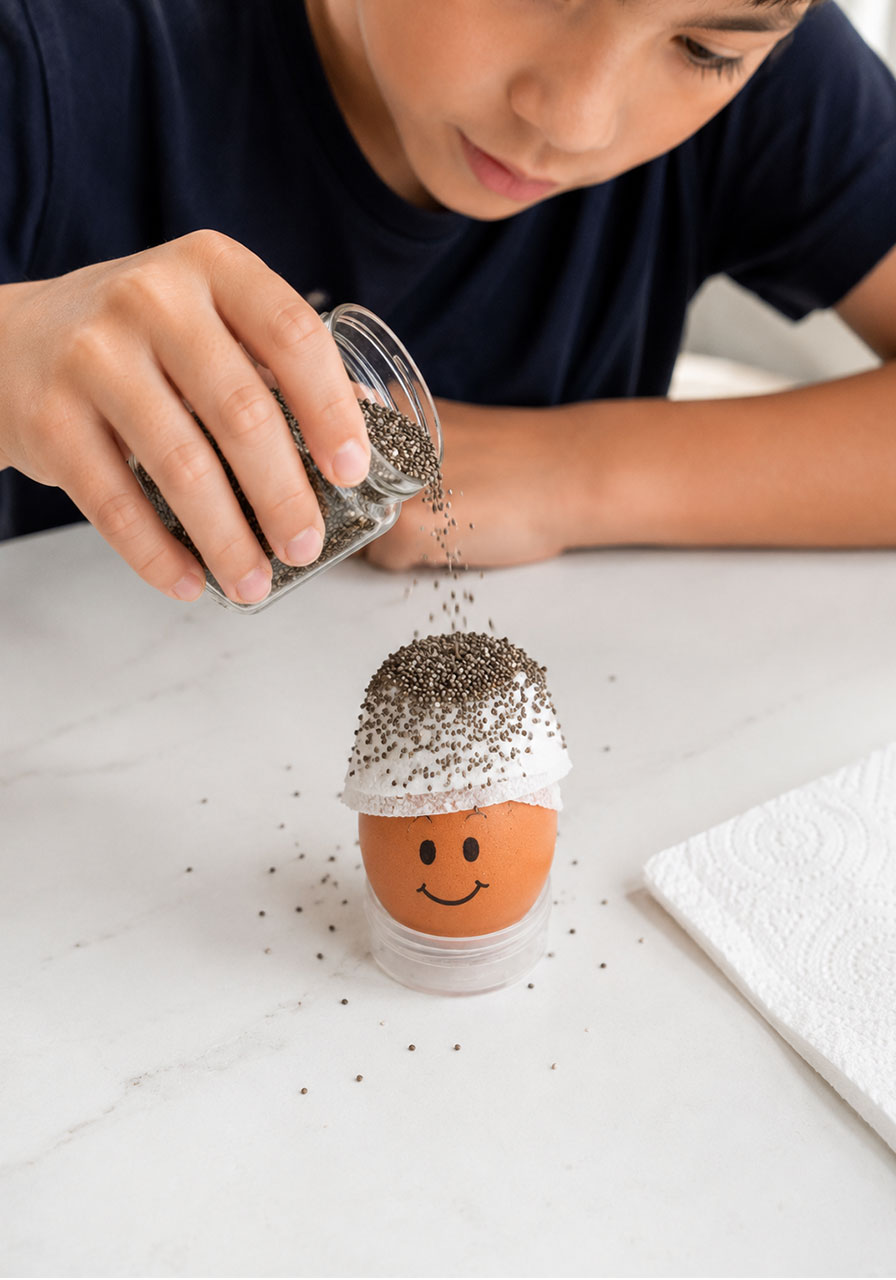 Sprinkling chia seeds onto damp paper towel to grow egg head hair