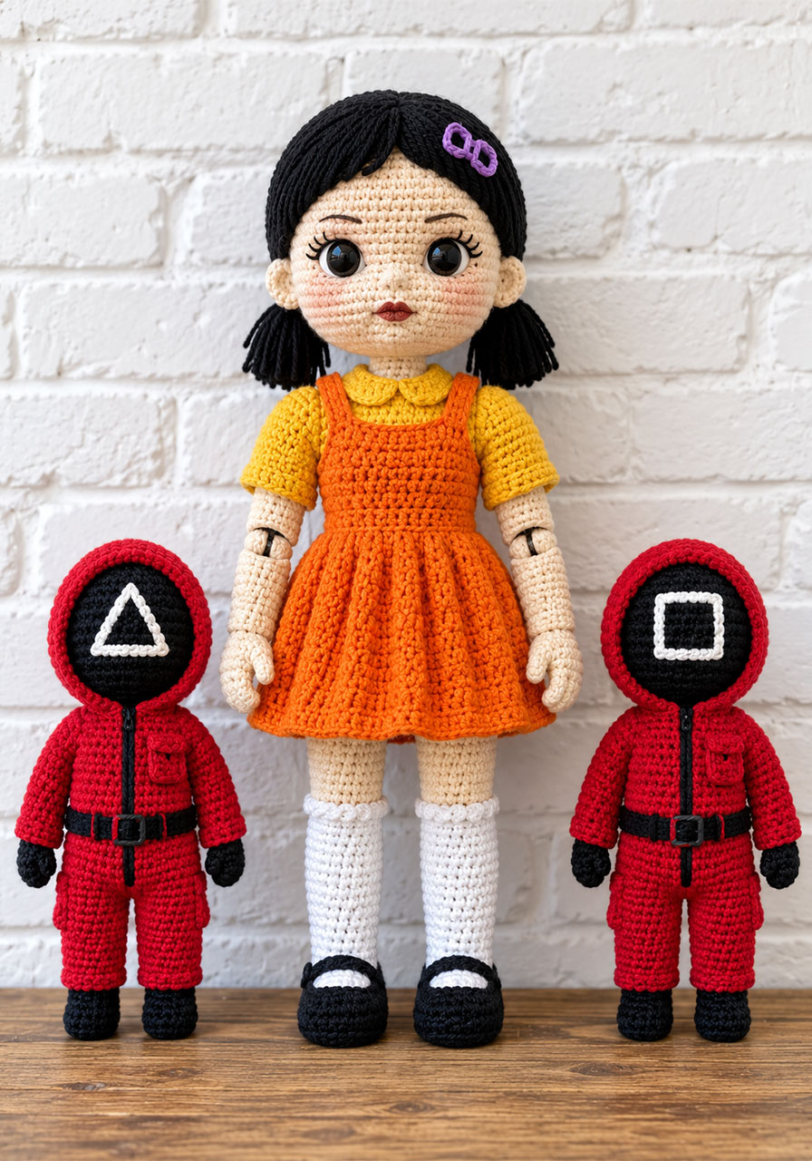 Handmade crochet doll display inspired by Squid Game for Halloween decoration