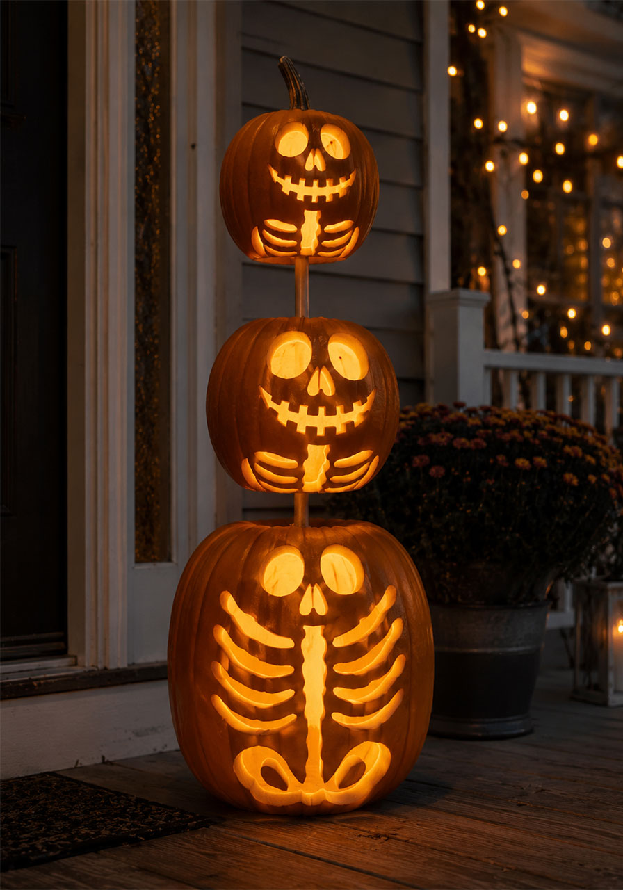 DIY stacked skeleton carved pumpkin Halloween porch display