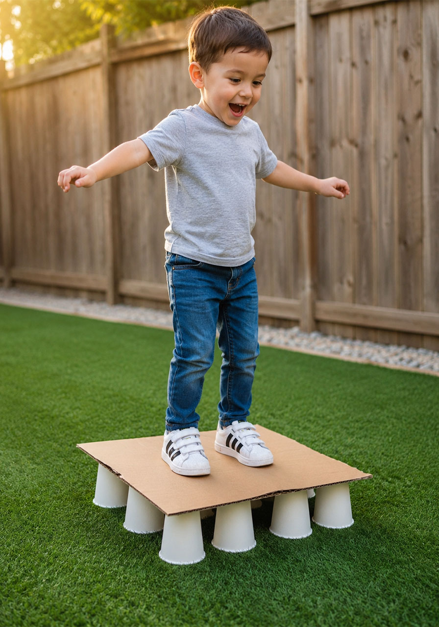 Child successfully standing on a paper cup tower without breaking it during a STEM activity