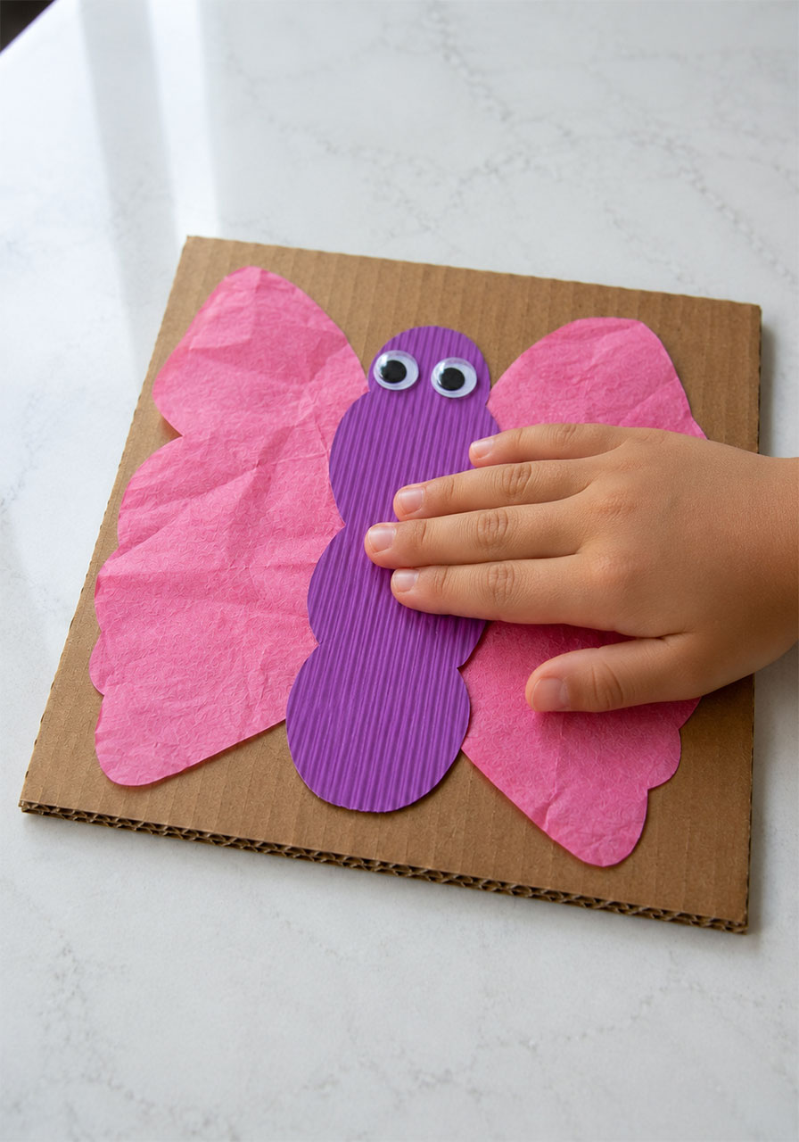 Butterfly body made from purple cardstock with googly eyes glued onto tissue paper wings
