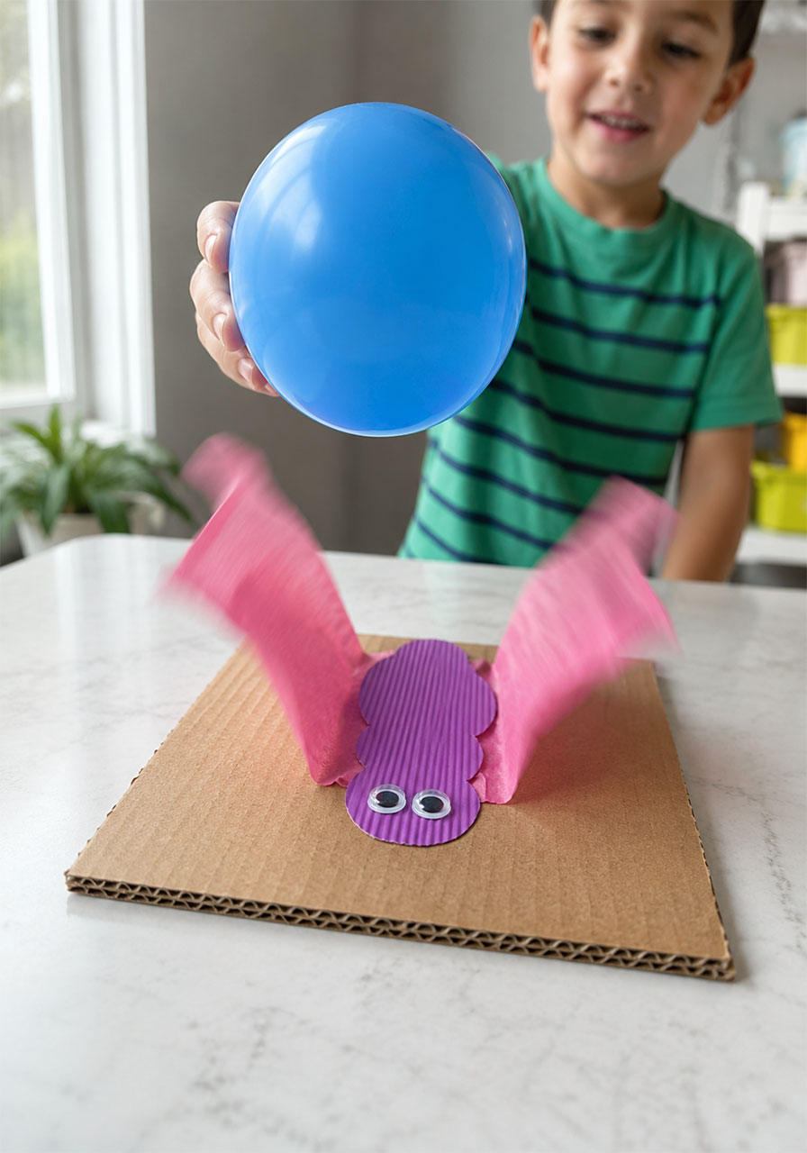 Static electricity butterfly experiment showing tissue paper wings lifting toward a charged balloon