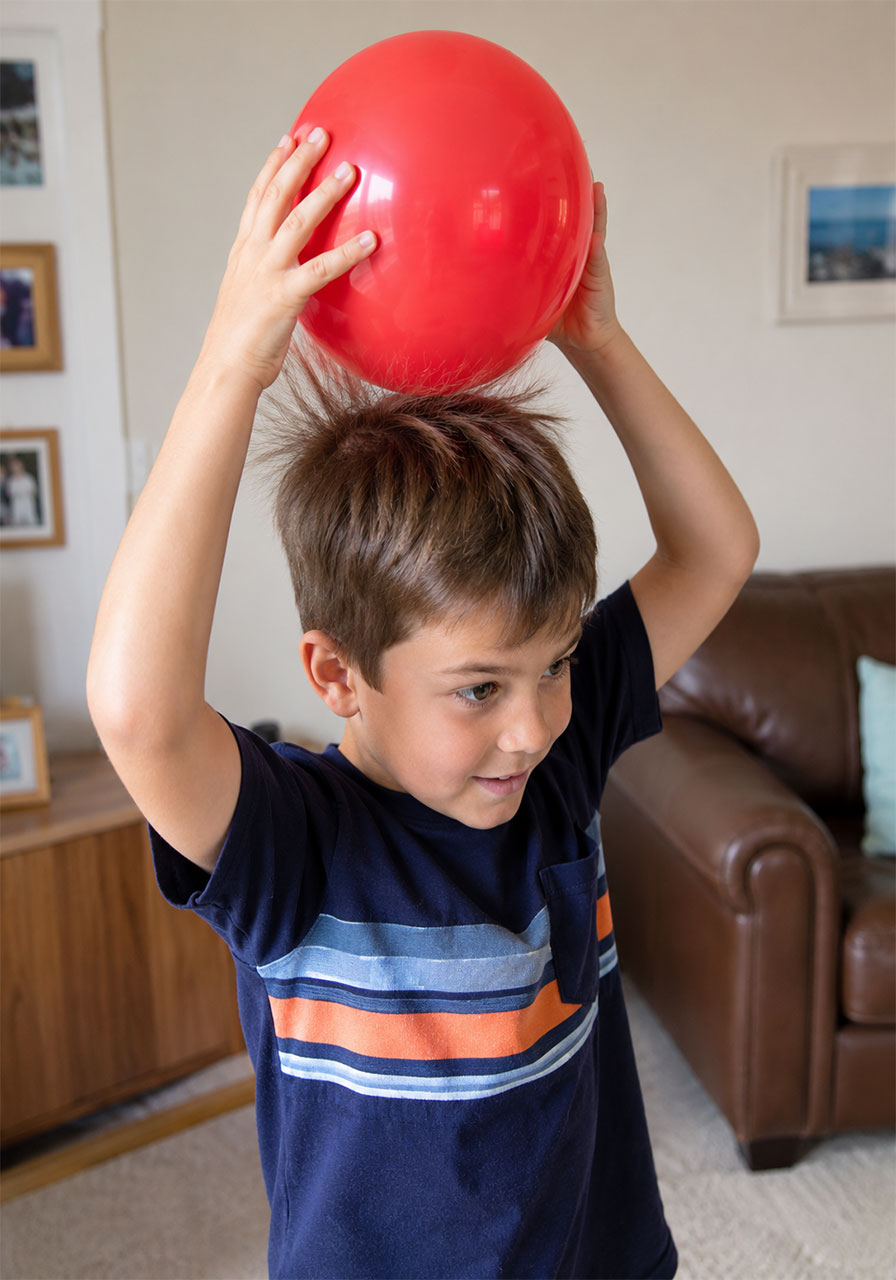 Child rubbing a balloon on their hair to create a static charge for the butterfly experiment