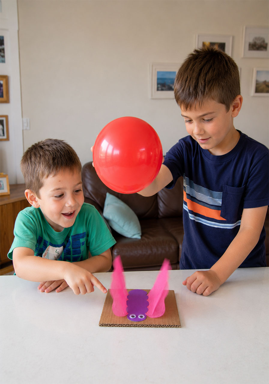 Two kids experimenting together with a static electricity butterfly science activity
