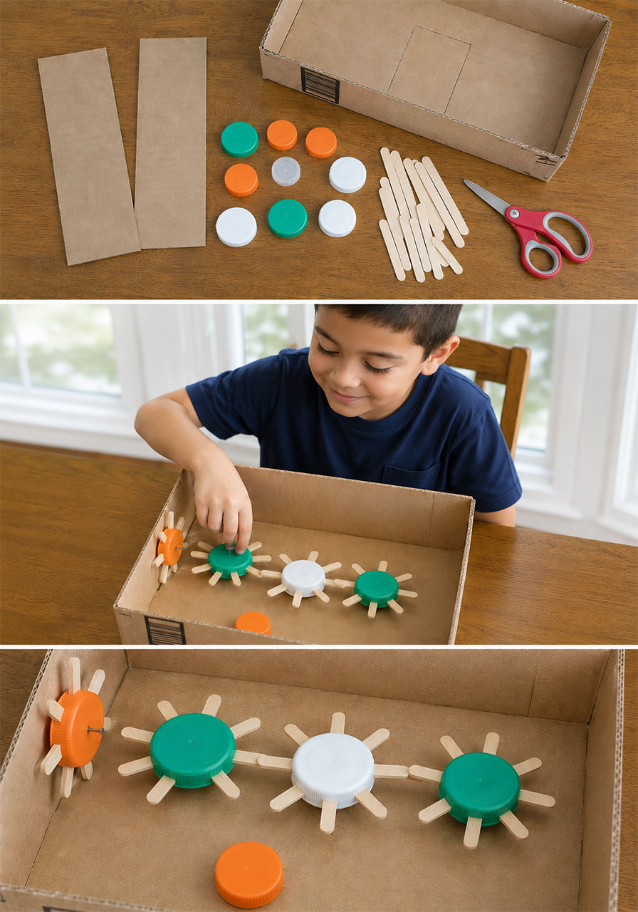 STEM challenge collage showing how to build working gears out of popsicle sticks step by step for kids