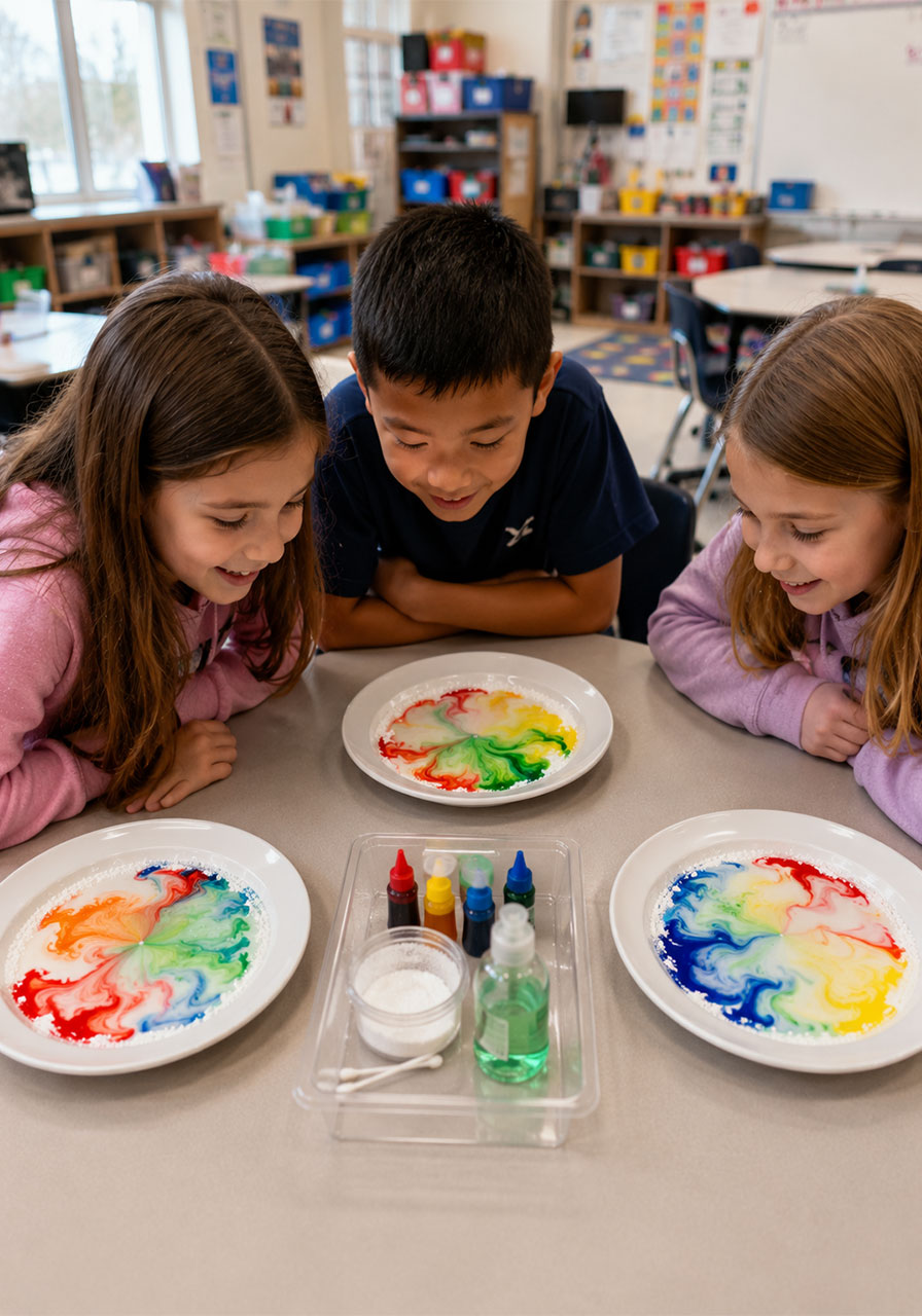 Students doing the magical color explosion STEM experiment together in a classroom setting