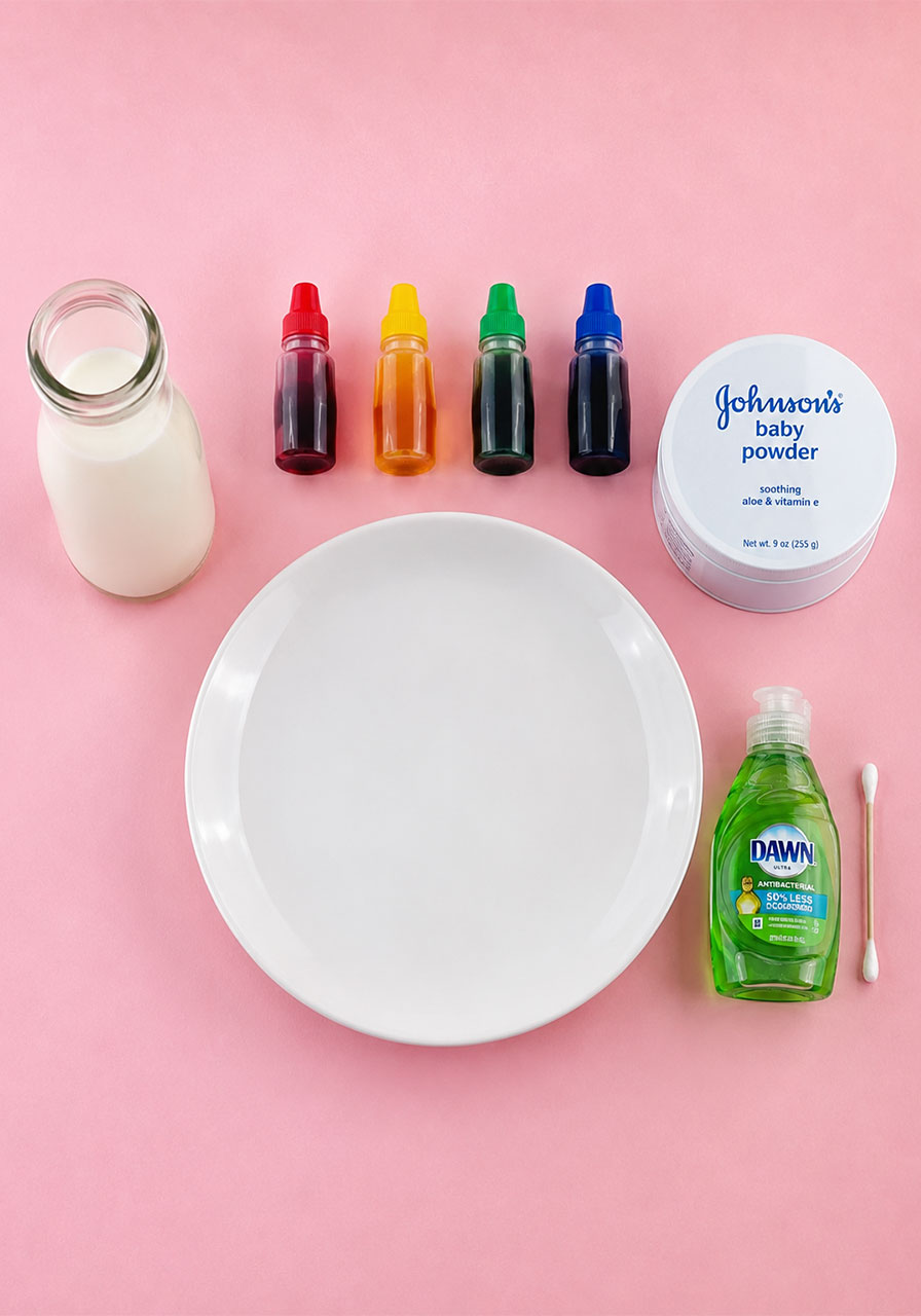 Materials needed for the magical color explosion experiment: milk, food coloring, baby powder, and dish soap
