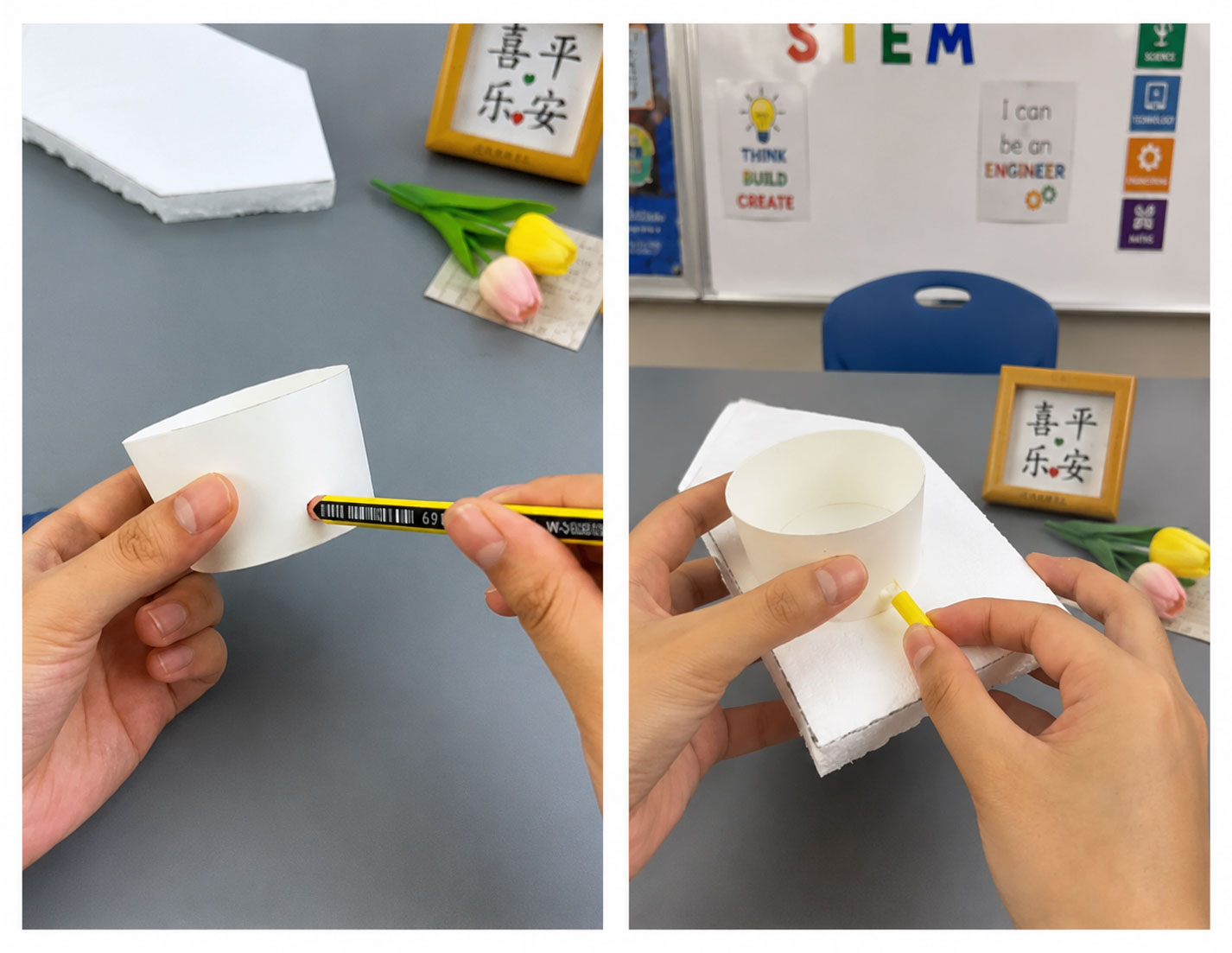 Gluing the trimmed paper cup onto the foam hull to complete the color-powered boat