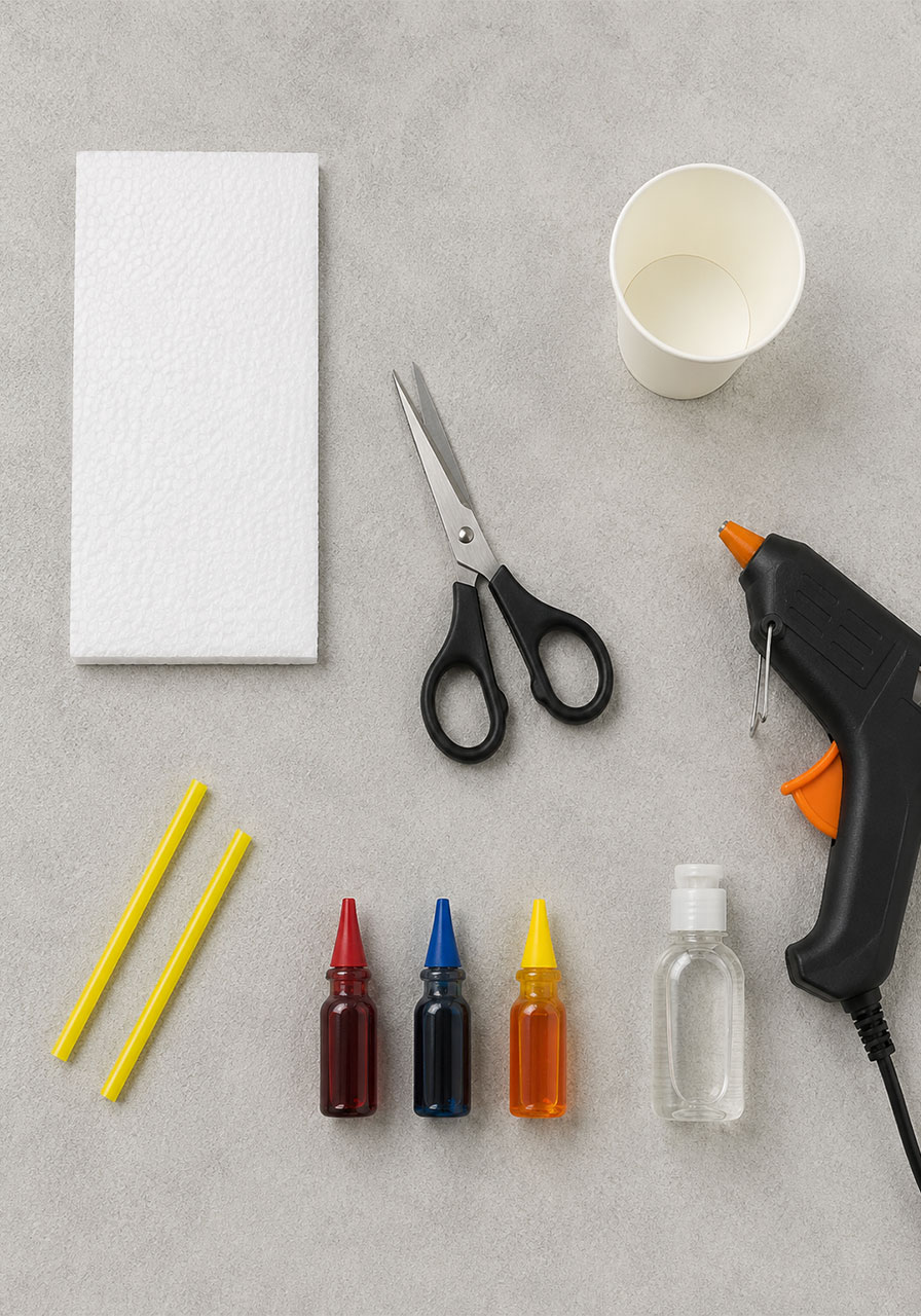 Materials needed for the STEM Mini Picassos color-powered boat craft including foam board, straw, and food coloring