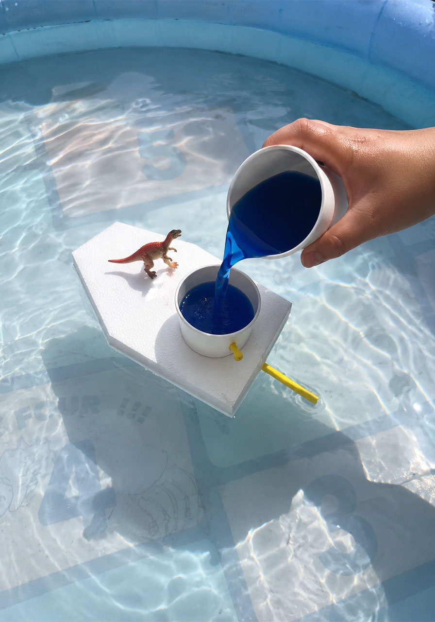 Pouring blue colored water into the STEM boat's cup to launch the surface tension experiment