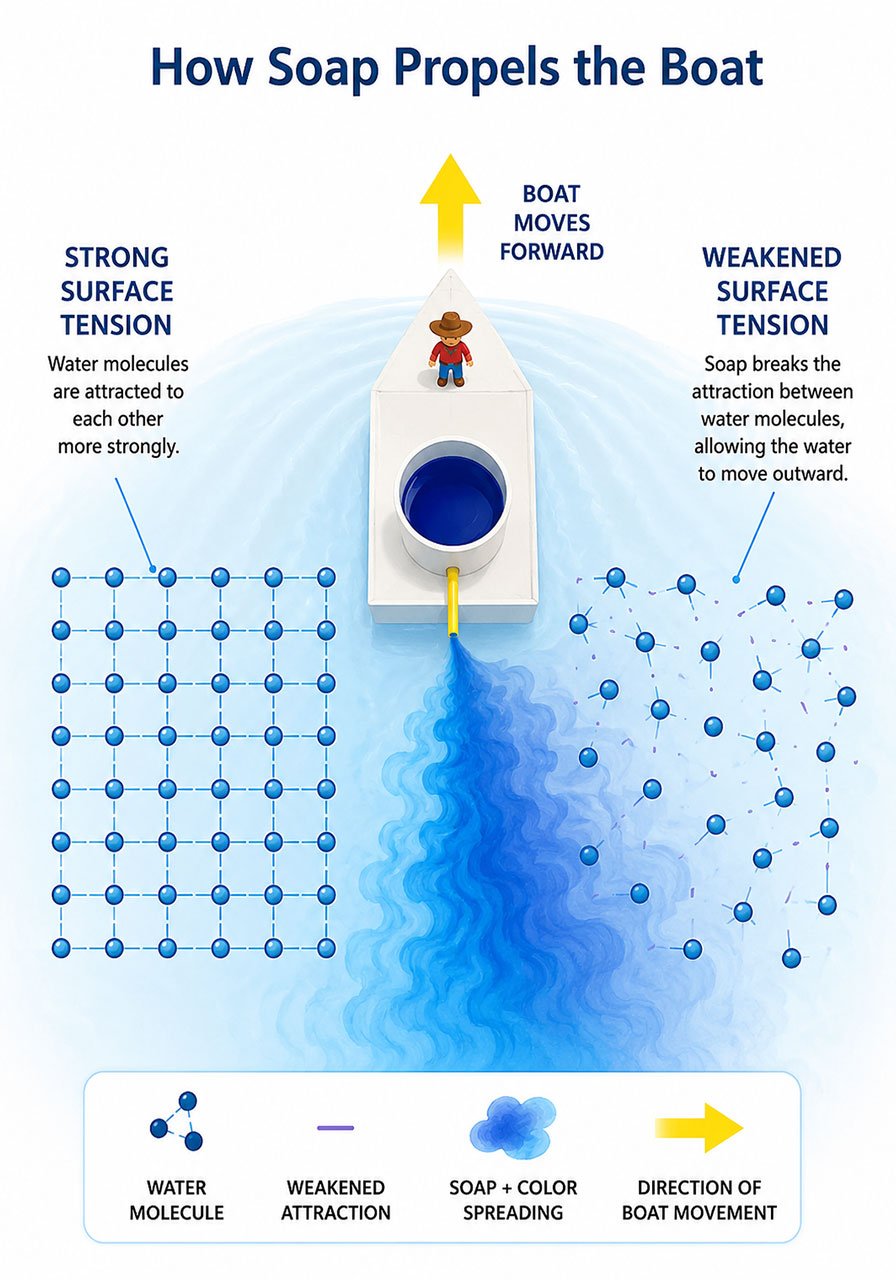 Simple diagram explaining how surface tension and soap power the STEM Mini Picassos boat