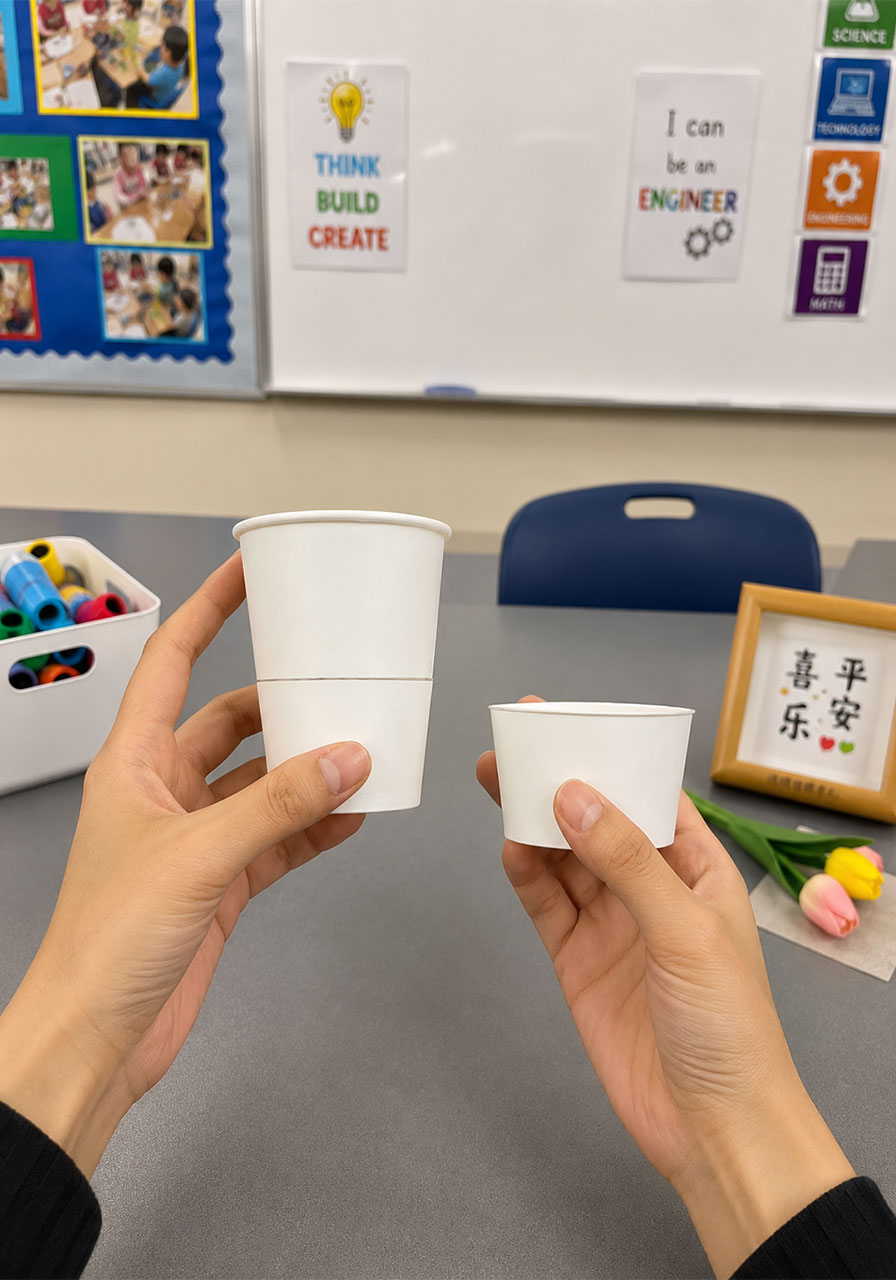 Trimming a paper cup down to size to create the boat's small color reservoir