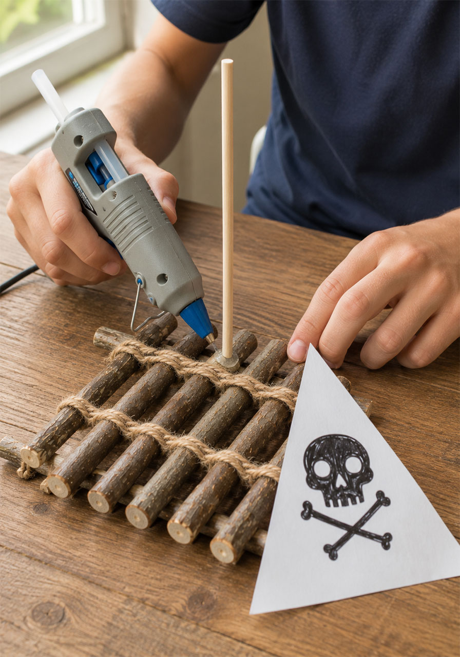 Attaching a paper sail and mast to a homemade stick raft using a glue gun