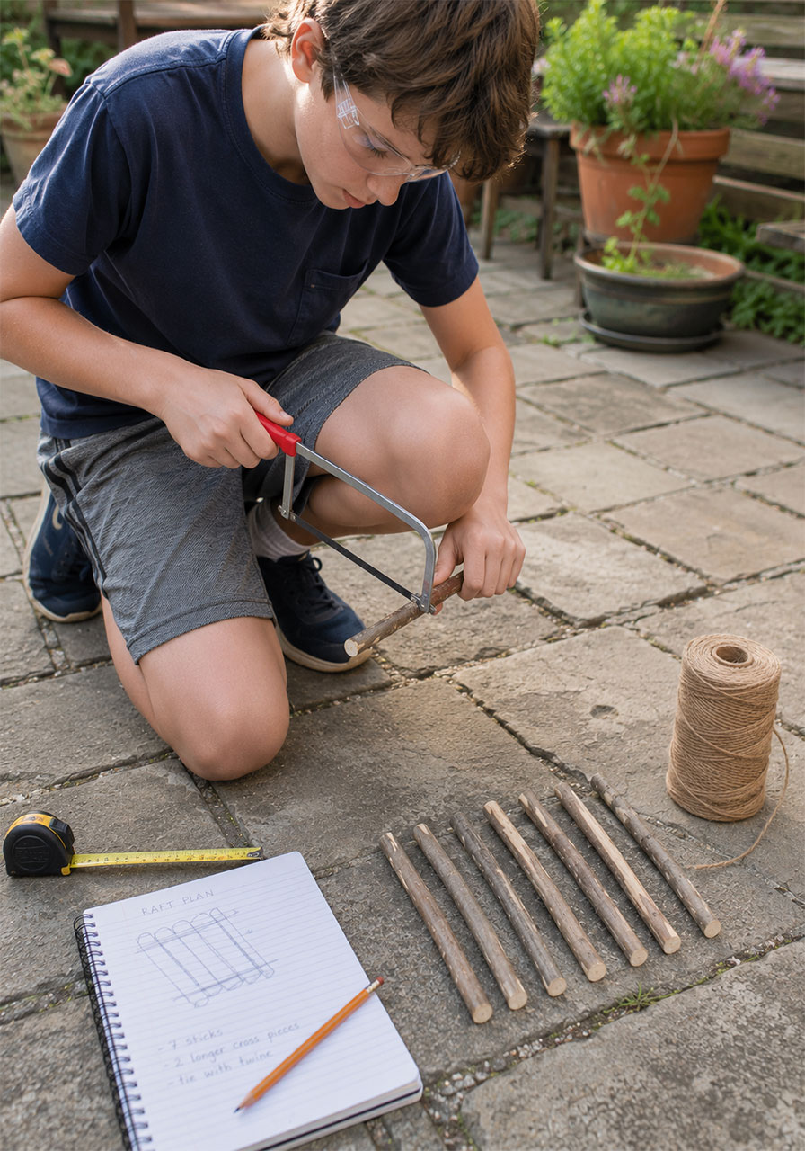 Child using a junior hacksaw to trim sticks to equal length for a STEM raft project