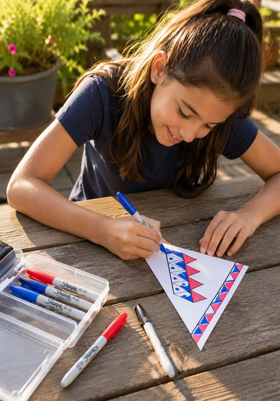 Child decorating a paper sail with markers for a homemade stick raft