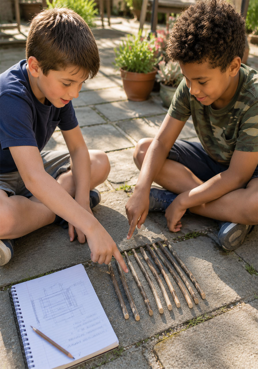 Two kids brainstorming and sketching stick raft design ideas for a STEM challenge
