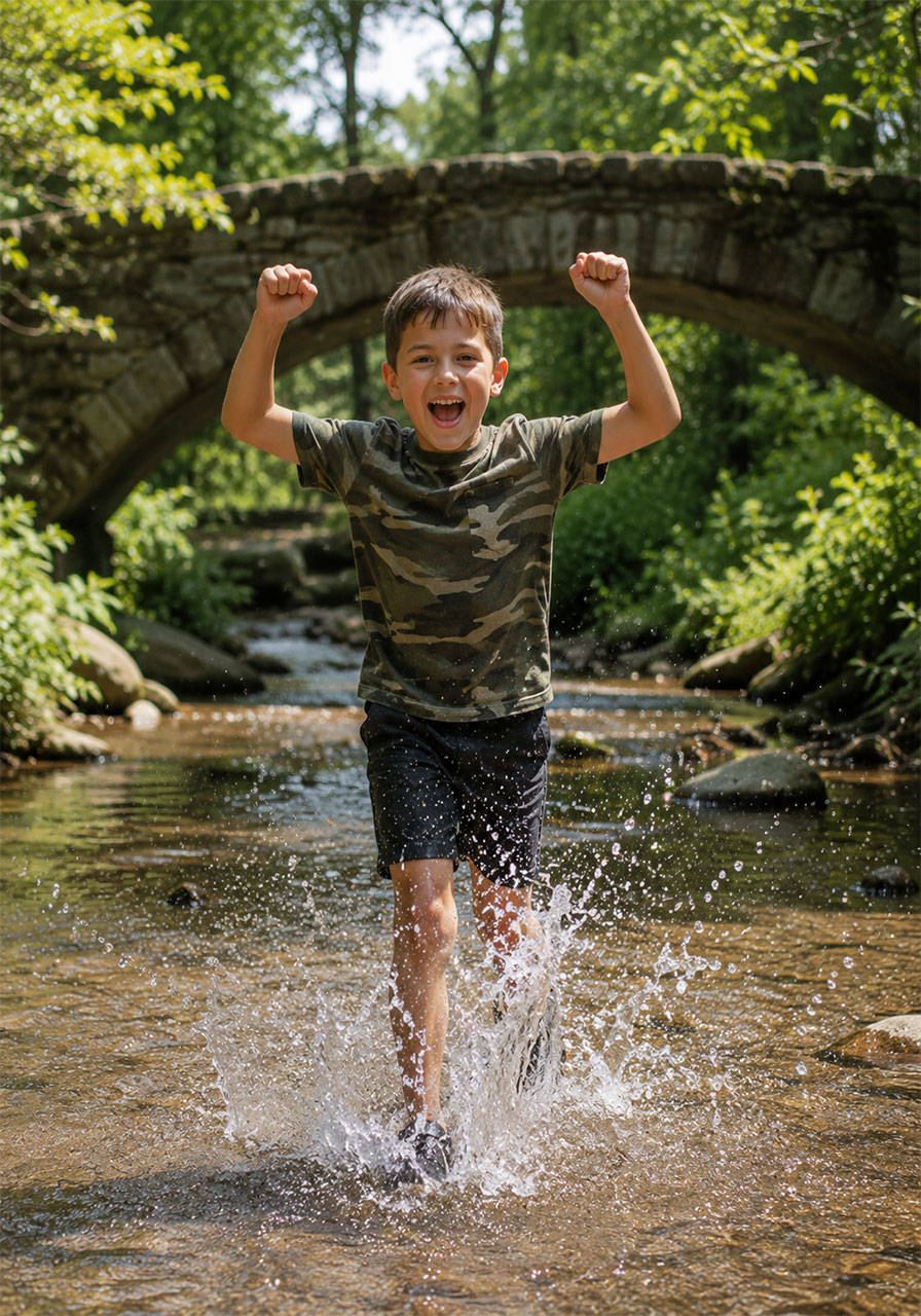 Excited child celebrating after successfully testing his stick raft in a stream