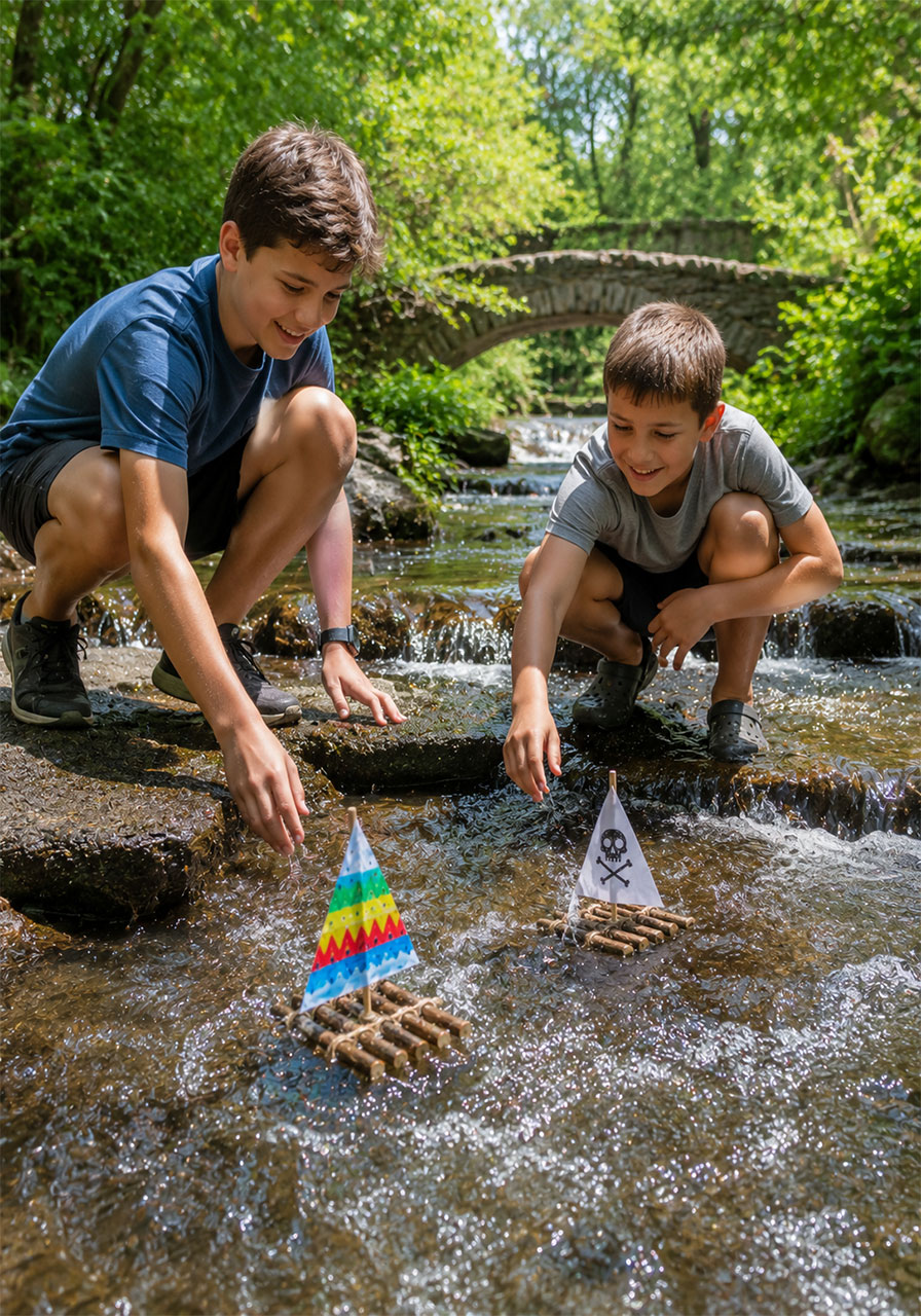 Kids testing their handmade stick rafts in a real flowing outdoor stream
