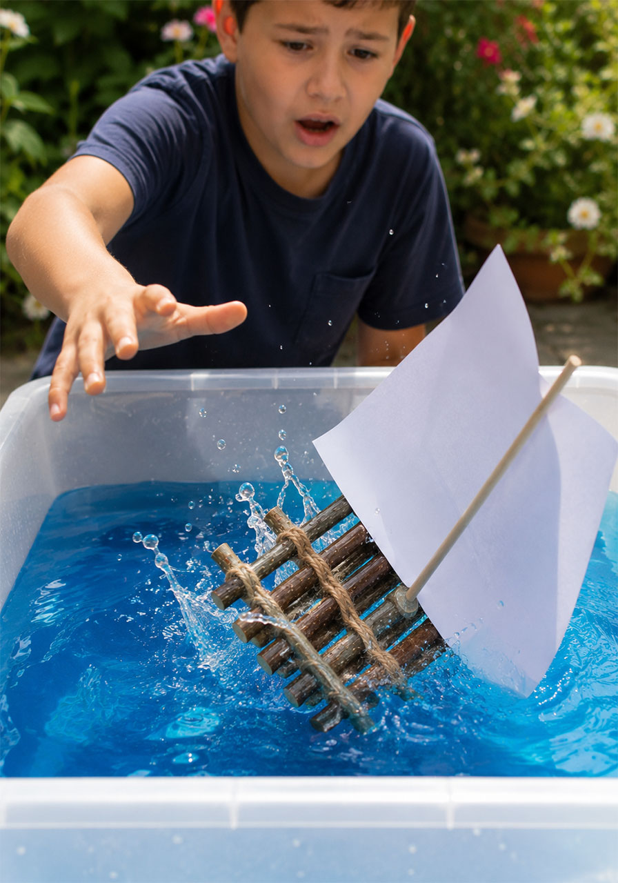 A stick raft tipping over during testing, showing a common STEM design troubleshooting moment