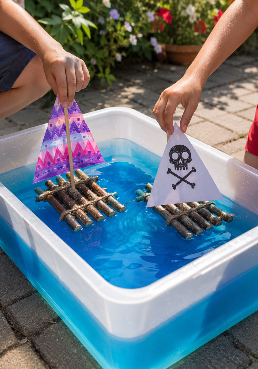 Two stick rafts floating and being tested in a blue water-filled container