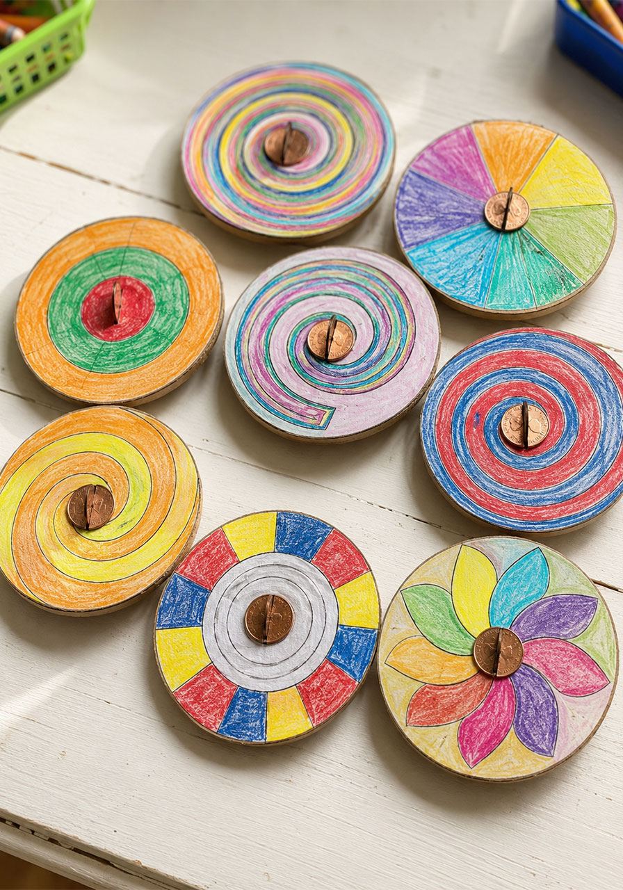 Colorful finished STEM toy penny spinners made from cardboard and pennies