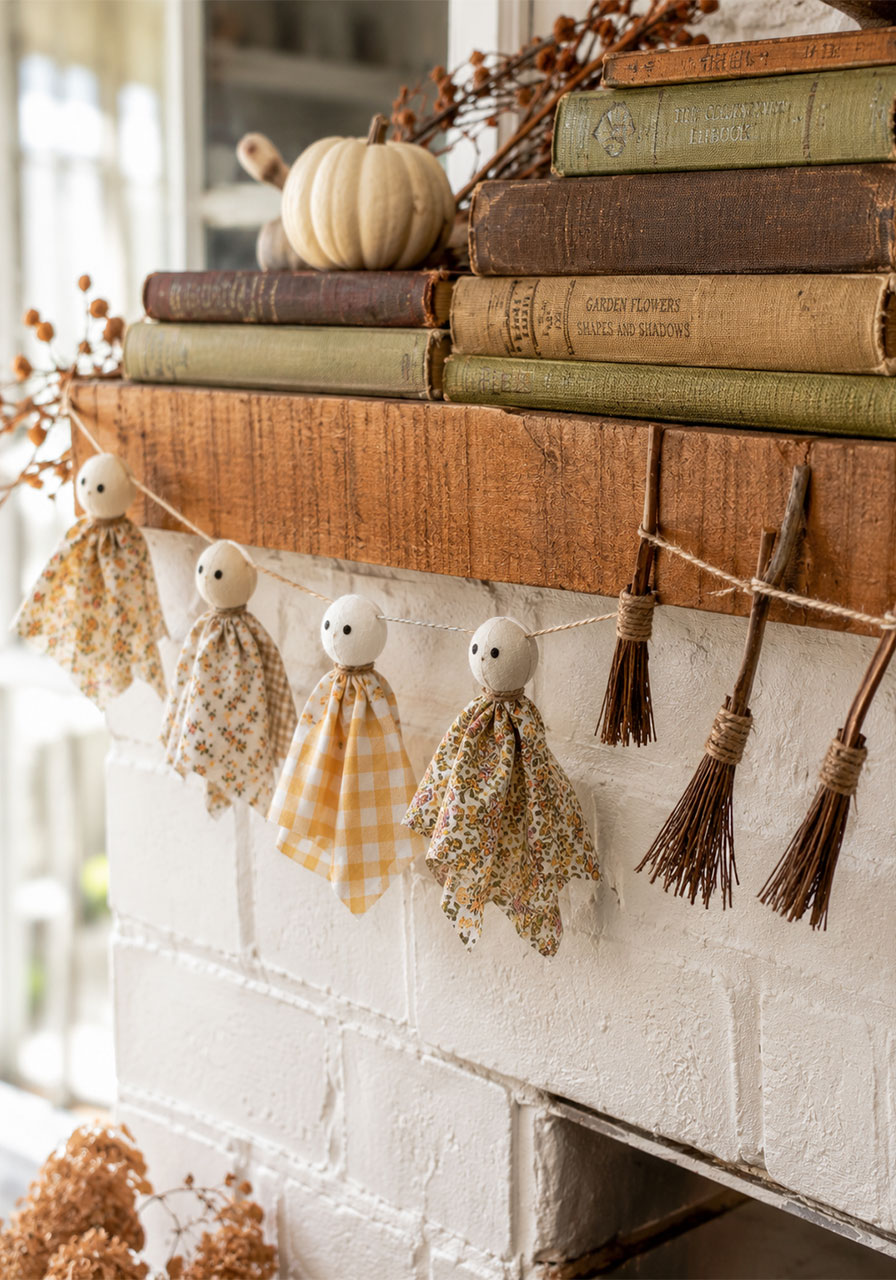 Fabric ghost garland styled on a fireplace mantel for Halloween decor