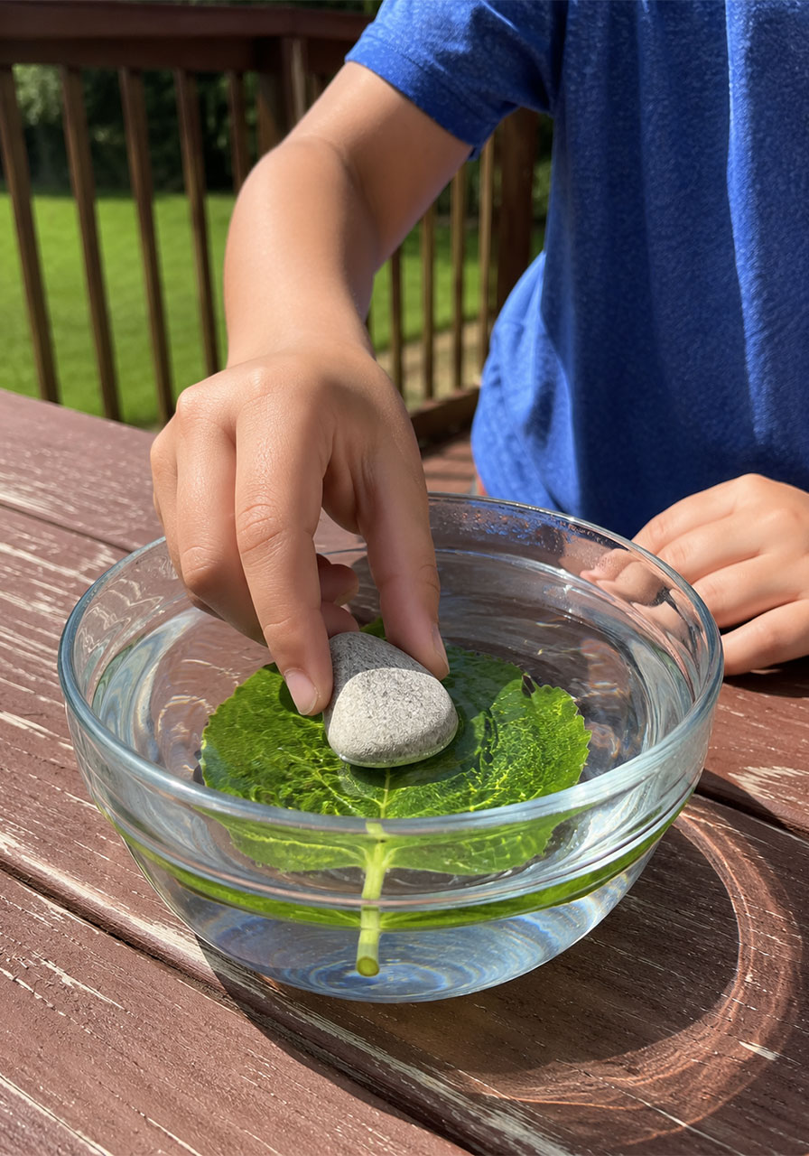 Submerging leaf under rock in water bowl for plants breathe experiment