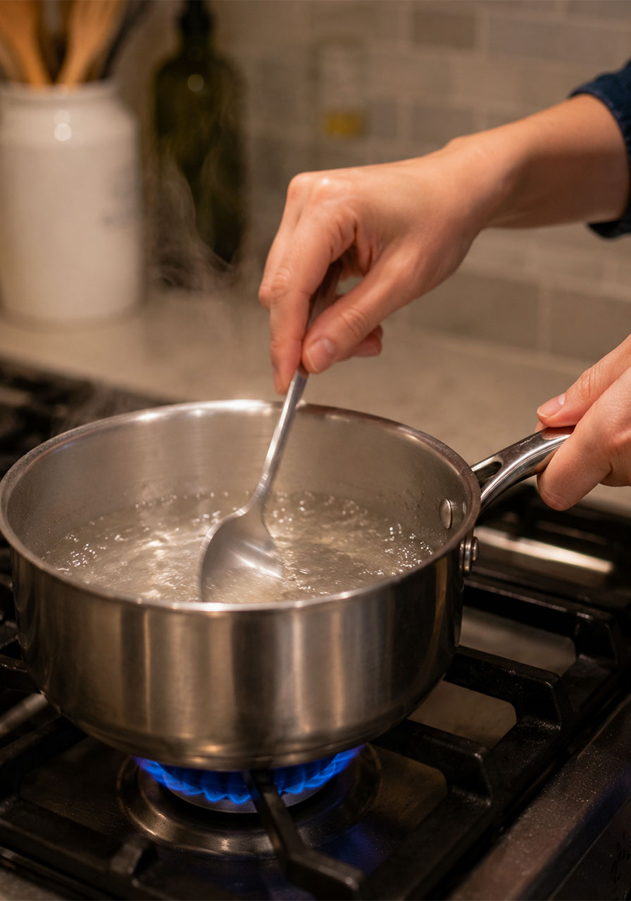 Boiling sugar water solution on stove for sugar crystal eruption recipe