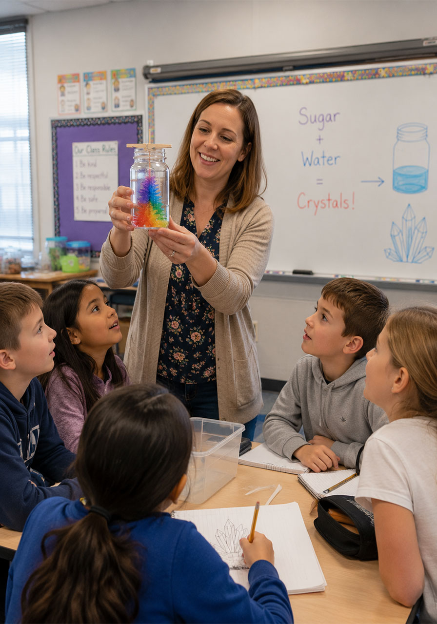 Teacher demonstrating sugar crystal STEM activity to elementary classroom