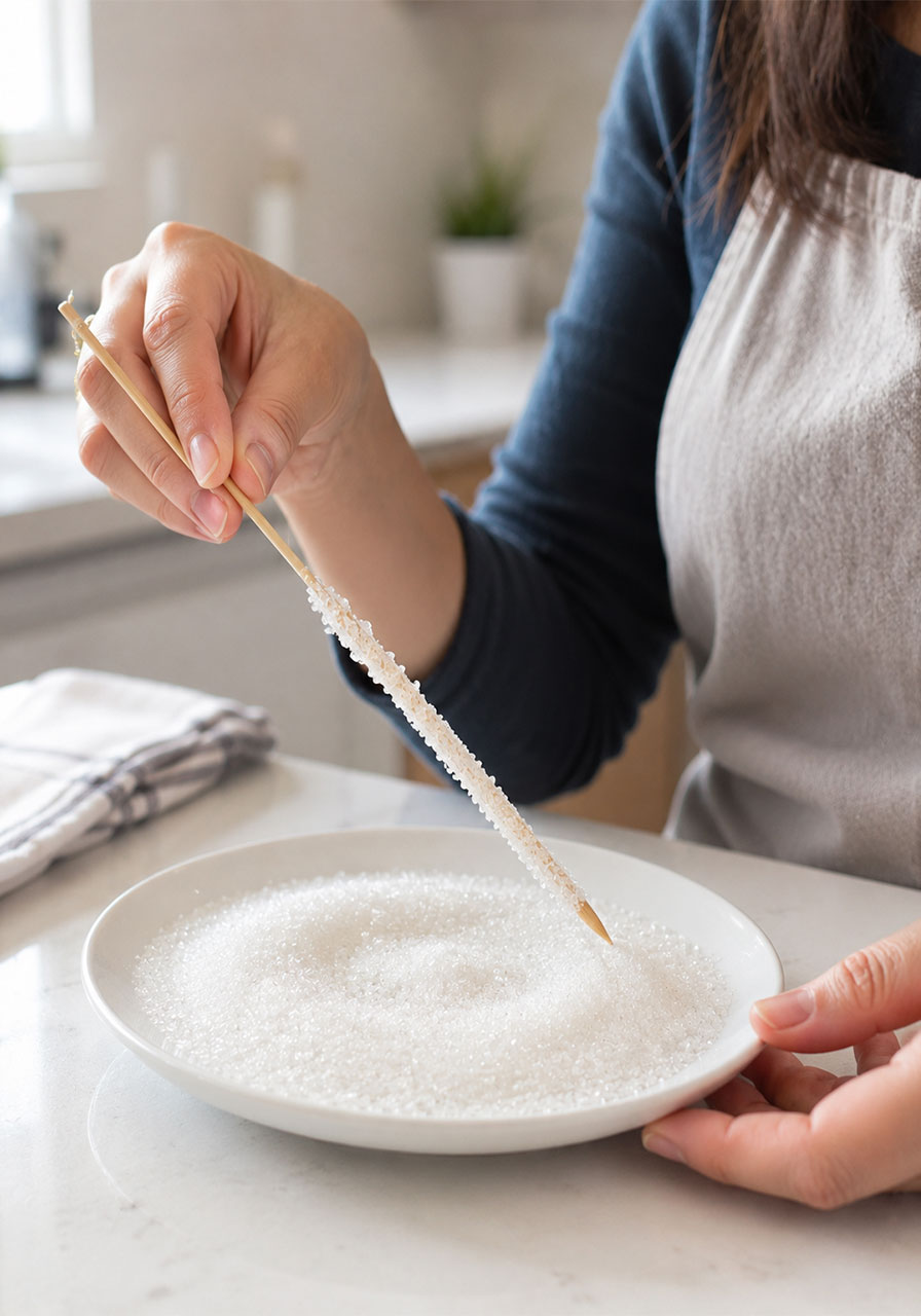 Coating a wooden skewer with sugar for crystal nucleation in sugar crystal recipe