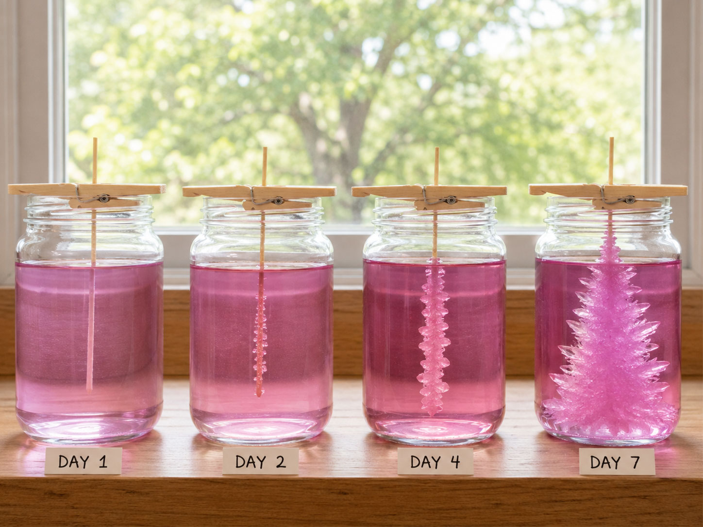 Sugar crystal growth timeline showing daily progress over one week