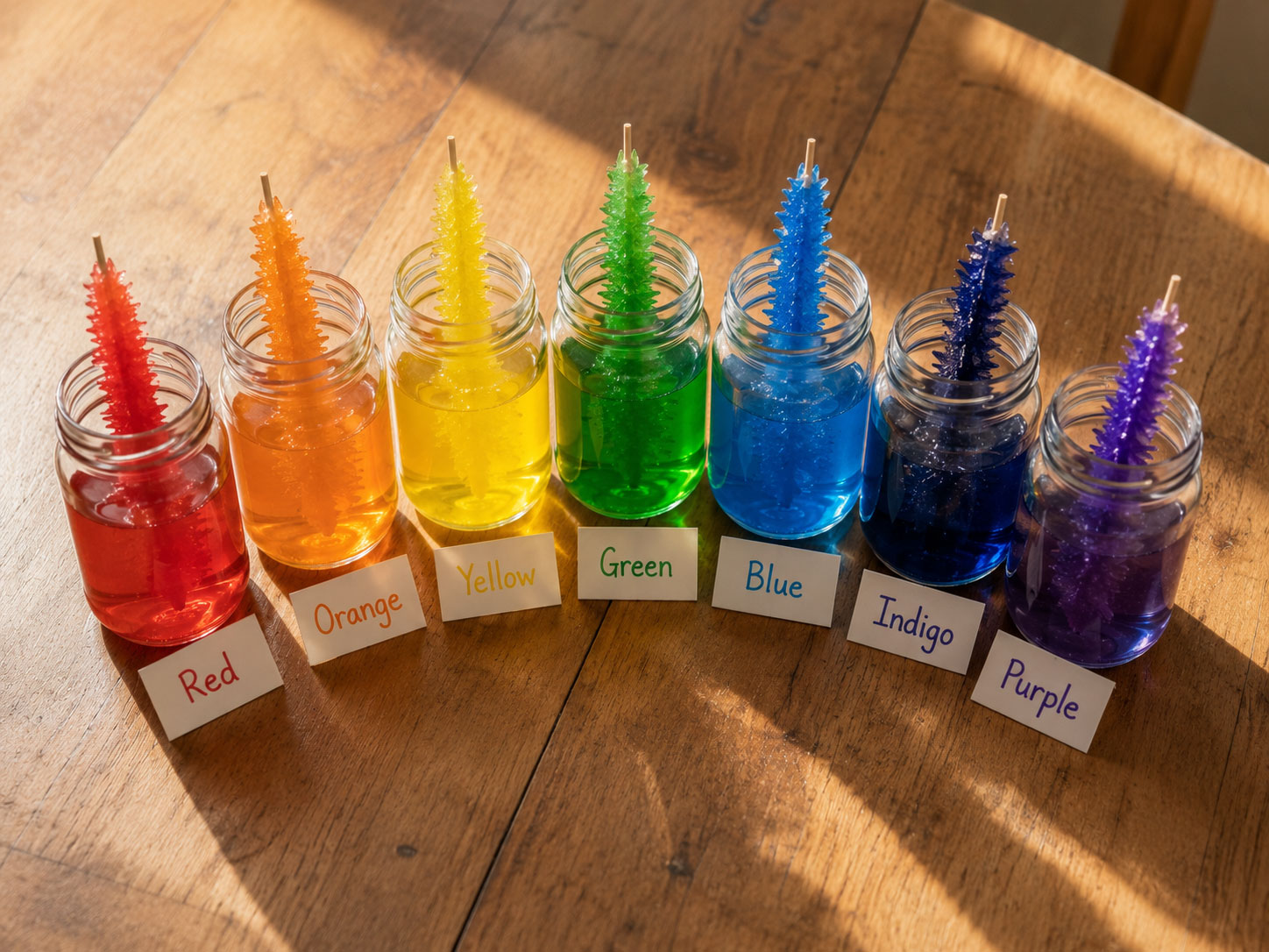 Finished rainbow sugar crystal jars displayed in a row after one week of growth
