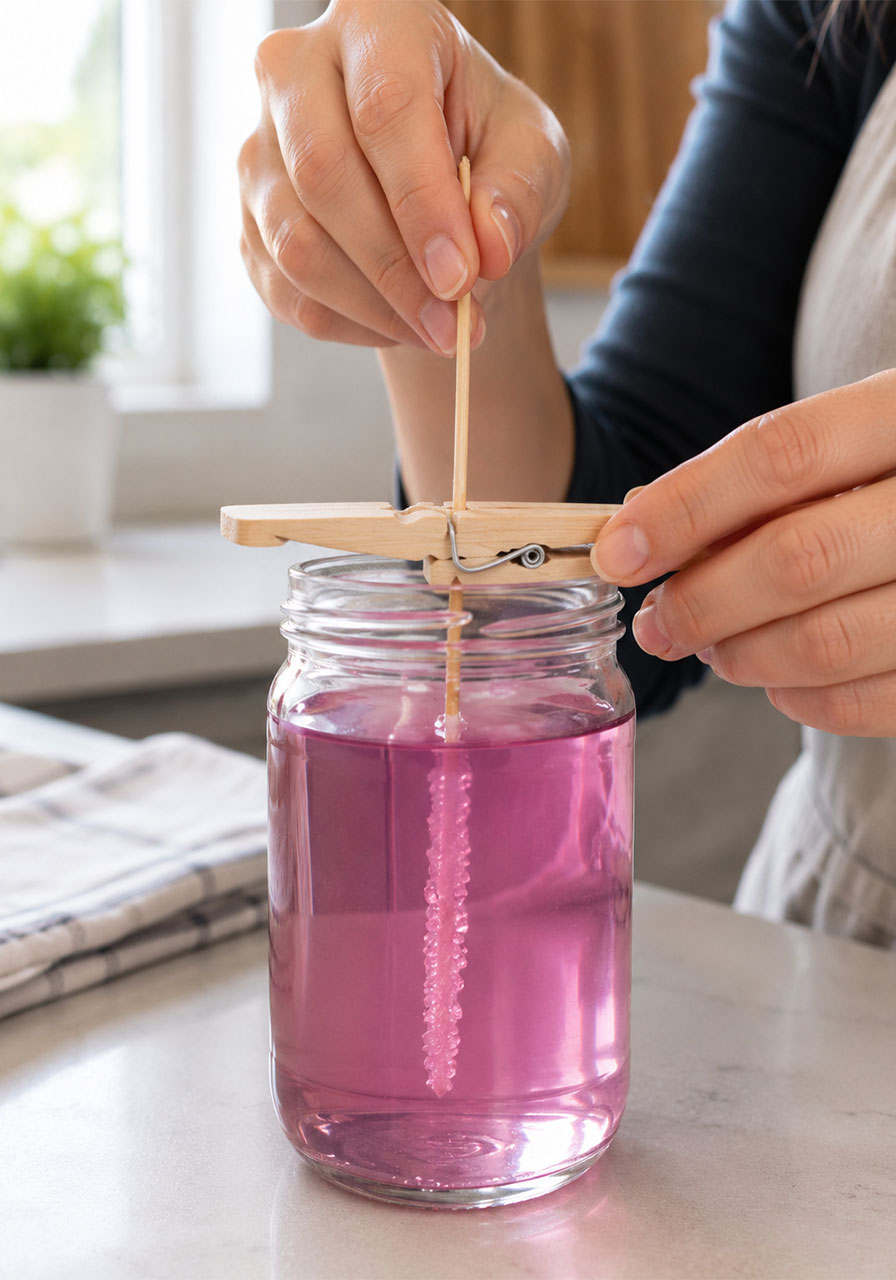 Suspending sugar-coated skewer in jar to grow crystals for STEM experiment