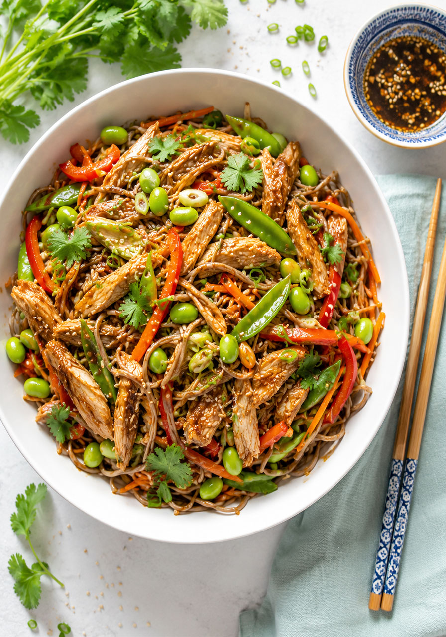 Summer slow cooker Asian chicken salad bowl with soba noodles