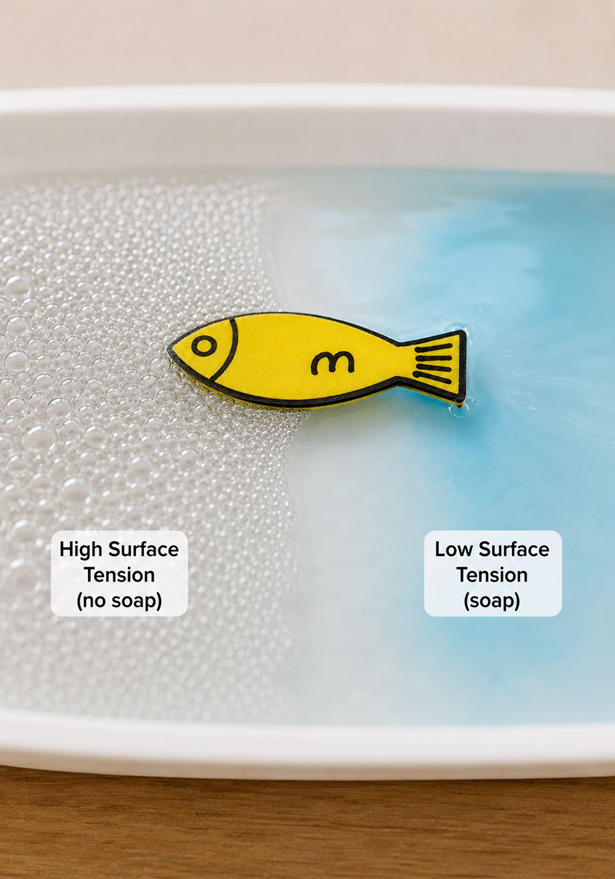 Visual explanation of surface tension science behind the swimming fish experiment