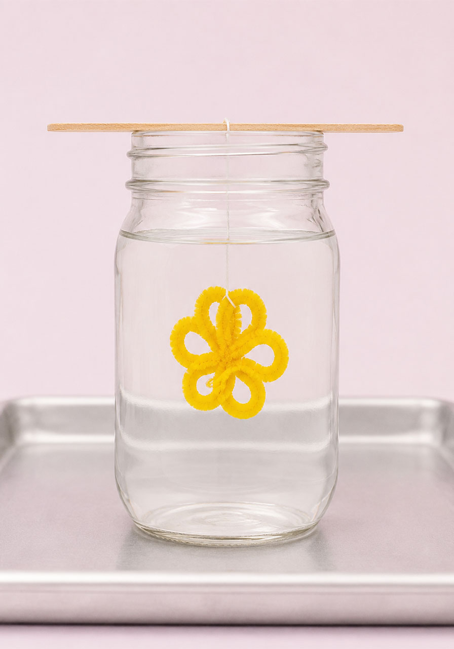 Pipe cleaner shape suspended in borax solution inside a mason jar to begin crystal growth