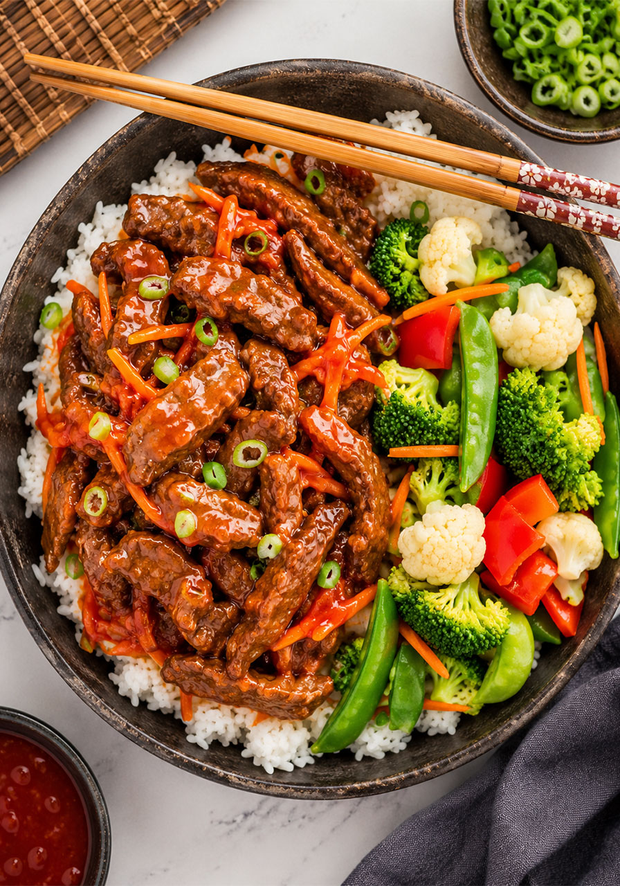 Sweet and sour beef made in the crockpot served over rice