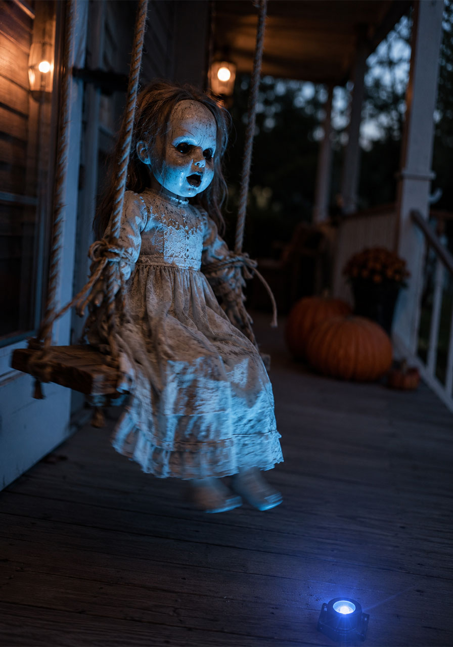 Creepy doll swinging on a porch swing with blue uplighting for Halloween decor